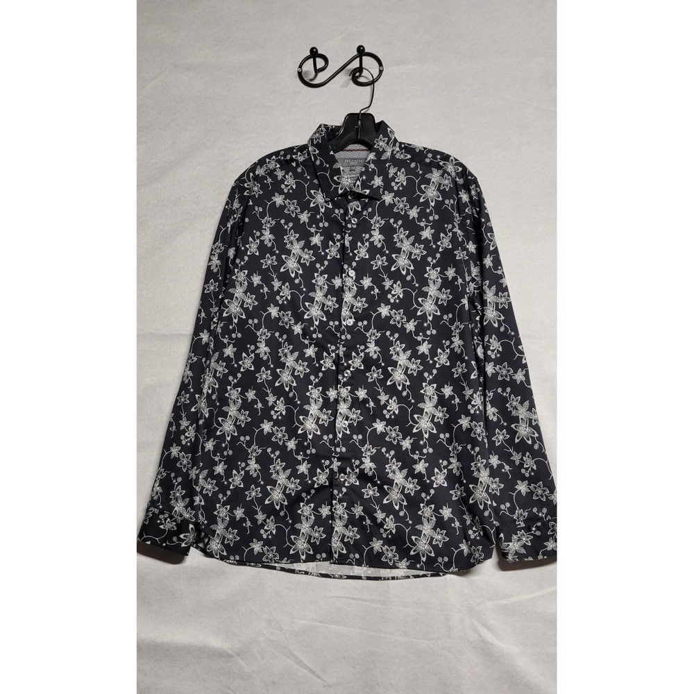 Black With White Floral Print Ls Ted Baker Button Dress Shirt Size M W/16.5 Neck